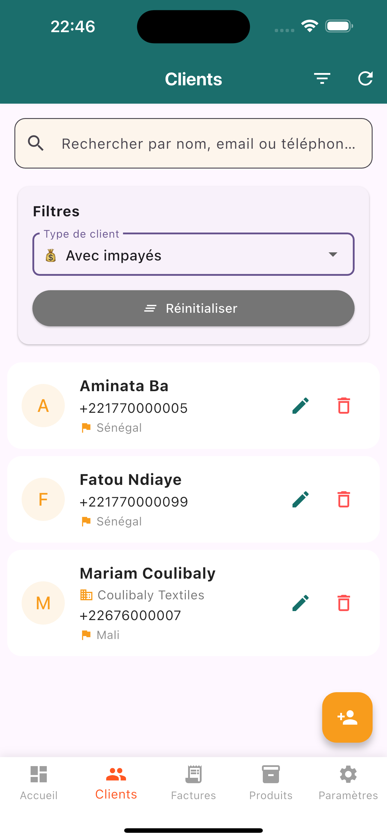 Recherche et filtres clients