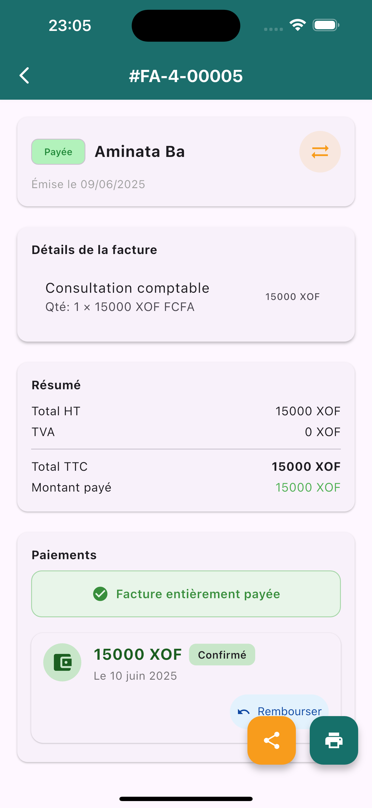 Détail facture avec paiements