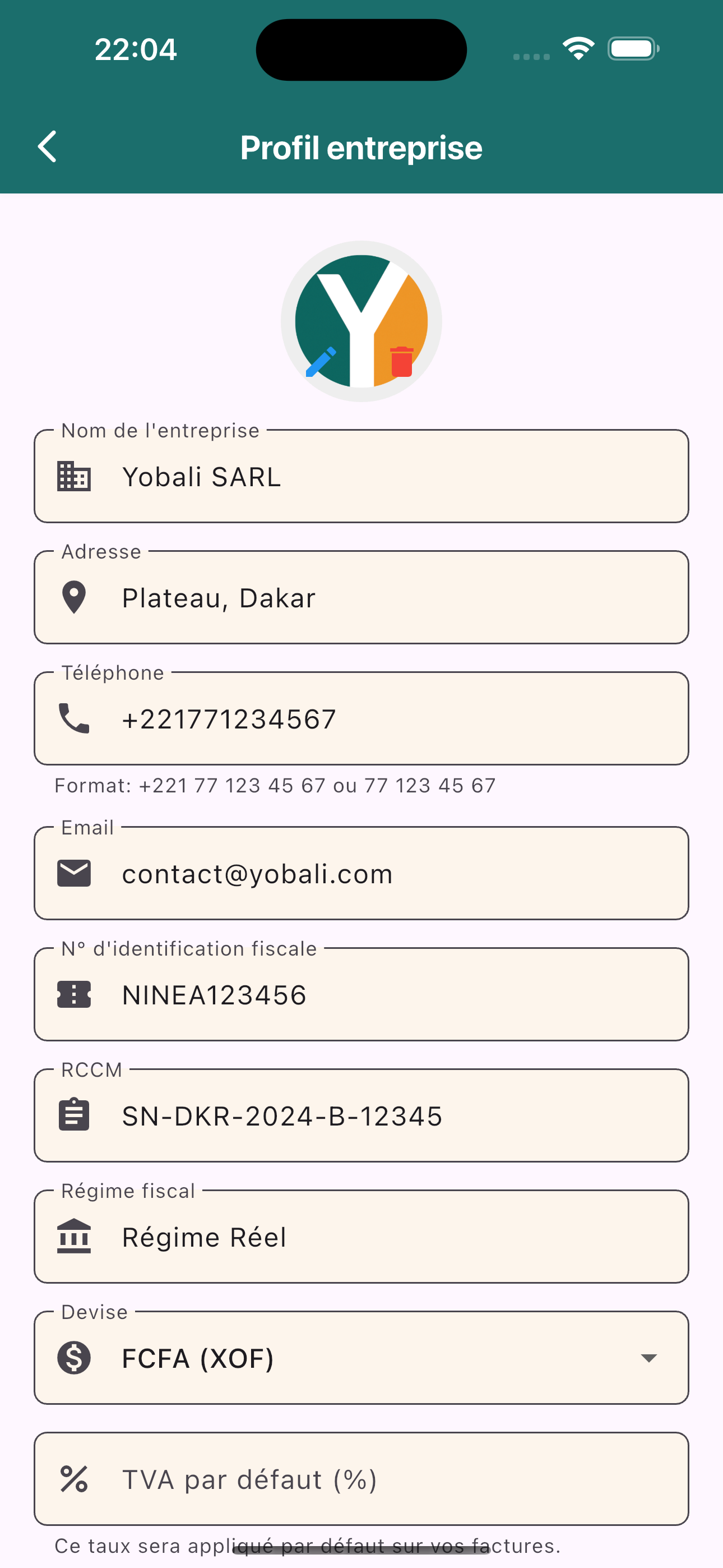 Configuration du profil entreprise