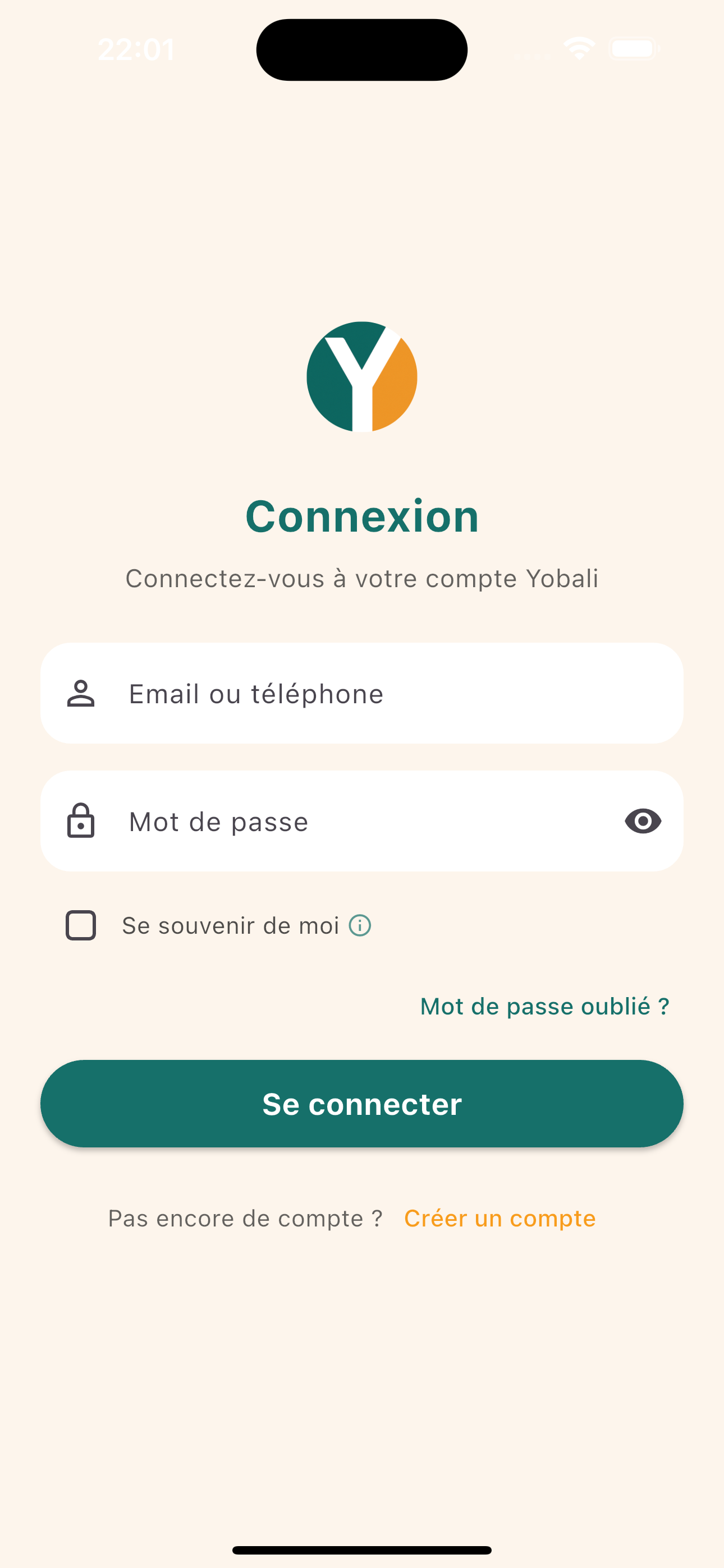 Écran de connexion Yobali