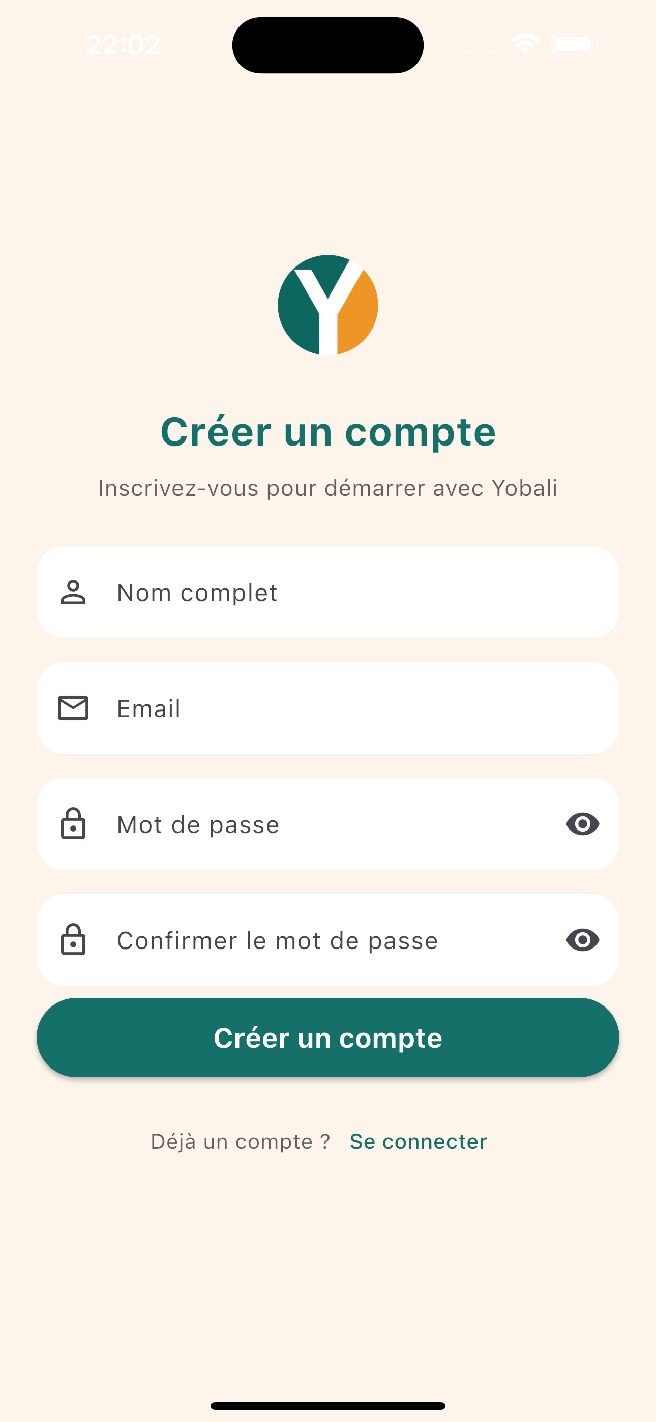 Écran de création de compte Yobali