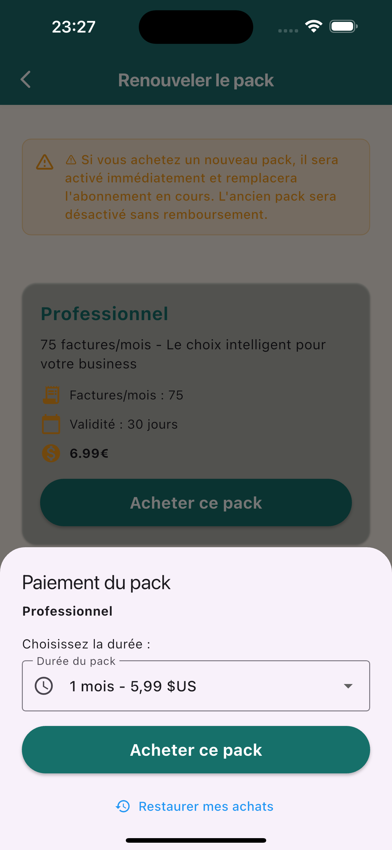 Interface paiement pack